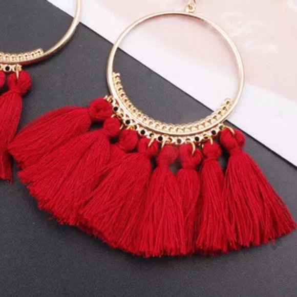 Fringe or Tassel Red Thread Earrings-New - Picture 3 of 5